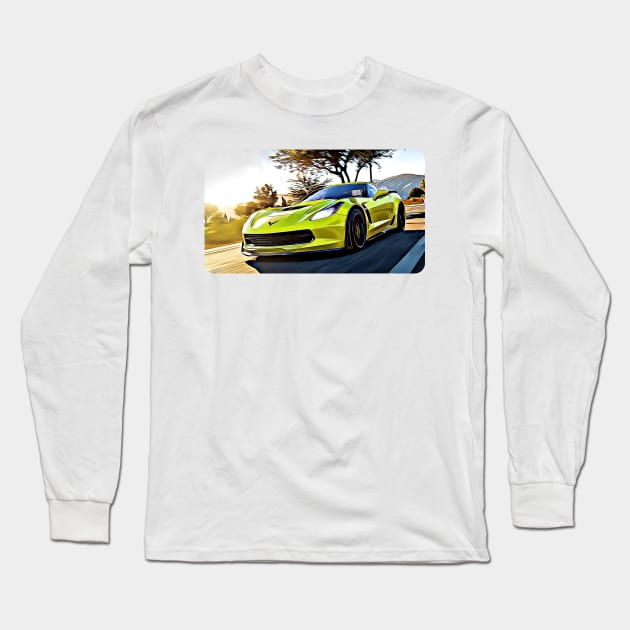 C7 Corvette Yellow Cartoon Drawing Action Print Long Sleeve T-Shirt by Auto-Prints